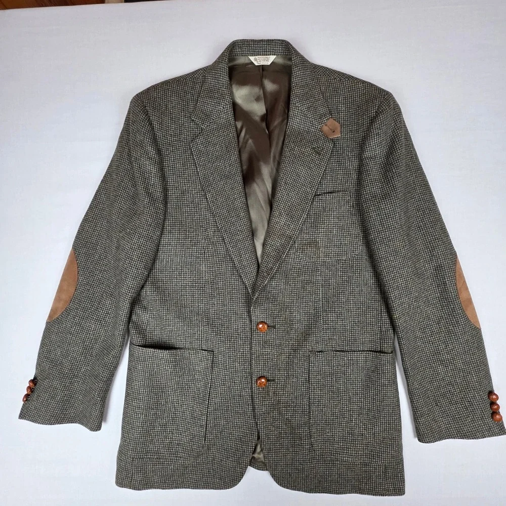 Hunt Valley Pure Wool Tweed Elbow Patch Blazer Sport Coat Mens 42L Brown Check